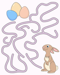 Help the easter rabbit find the pathway to eggs. Logic Game for kids. Entry and exit. Labyrinth with solution. Educational maze game with cute character hare. Vector cartoon style illustration.