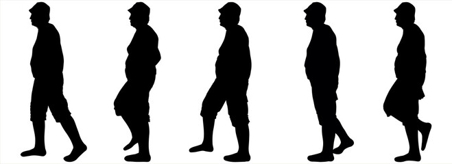 Woman in a cap and shorts. Woman 80 years old. Human poses are suitable for motion animation. Women walk one after another in one line. Black female silhouettes are isolated on a white background.