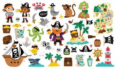 Vector pirate set. Cute sea adventures icons collection. Treasure island illustrations with ship, captain, sailors, chest, map, parrot, monkey, map. Funny pirate party elements for kids.. - obrazy, fototapety, plakaty