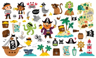 Fotobehang Vector pirate set. Cute sea adventures icons collection. Treasure island illustrations with ship, captain, sailors, chest, map, parrot, monkey, map. Funny pirate party elements for kids.. © Lexi Claus