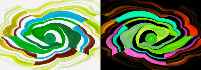 Colorful wavy veins surround circles on white and black backgrounds. Two abstract fractal backgrounds in one. 3d illustration. 3d rendering.