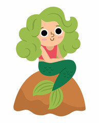 Fairy tale vector mermaid with green hair sitting on a rock. Fantasy girl isolated on white background. Fairytale sea princess. Treasure island or pirate themed icon. Cute girlish character.