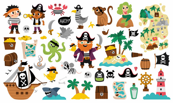 Vector pirate set. Cute sea adventures icons collection. Treasure island illustrations with ship, captain, sailors, chest, map, parrot, monkey, map. Funny pirate party elements for kids..