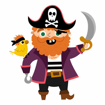 Vector pirate icon. Cute sea captain illustration. Treasure island hunter with red beard, parrot, sward, cocked hat. Funny pirate party element for kids isolated on white background..