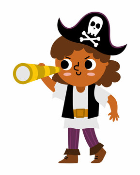 Vector pirate girl icon. Cute female sea captain illustration. Treasure island hunter with black cocked hat and spyglass. Funny pirate party element for kids isolated on white background..