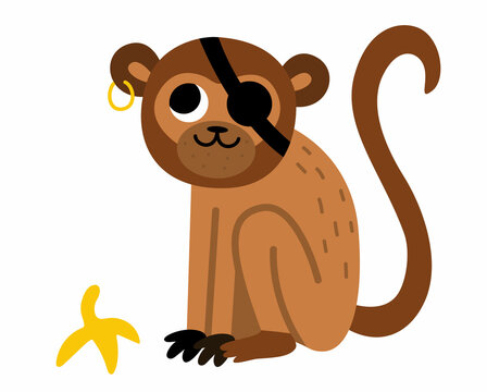 Vector pirate monkey icon. Cute one eye animal illustration. Treasure island hunter with banana skin. Funny pirate party element for kids. Tropic ape picture with eye patch and earring.