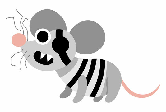 Vector pirate mouse icon. Cute one eye animal illustration. Treasure island hunter in stripy shirt. Funny pirate party element for kids. Funny rat picture with eye patch and earring.