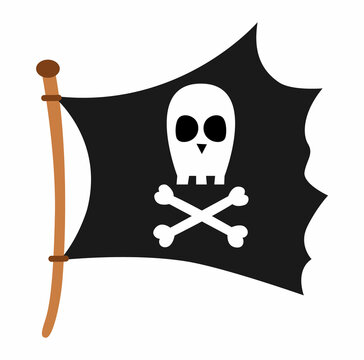 Pirate flag icon. Raider ship pennant with crossed bones and skull illustration.  Black marine robber banner. Treasure hunt element isolated on white background.