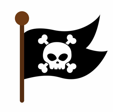 Pirate flag icon. Raider ship pennant with crossed bones and skull illustration.  Black marine robber banner. Treasure hunt element isolated on white background.
