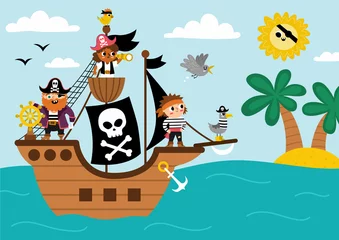 Vector pirate ship scene. Raider vessel with pirates sailing to the treasure island with palm trees. Treasure hunt illustration with sea, sun, sky, shore. Sea landscape for picture book .