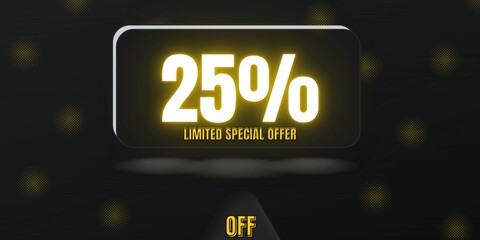 Fototapeta premium 25% off limited special offer. Banner with twenty five percent discount on a black background with white square and black