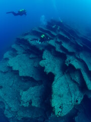 scuba divers around a reef underwater deep blue water big rock 