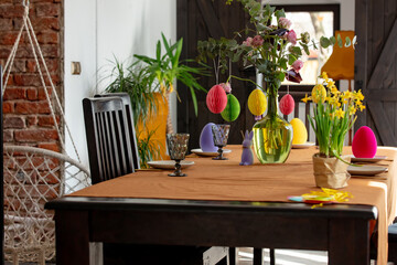 real table paper eggs decoration for Easter. Indoor