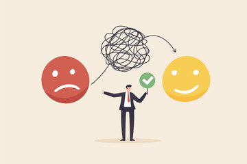 Positive thoughts shift from feeling sad. Optimism and the power of mind to change mood, behavior, decision-making powers.