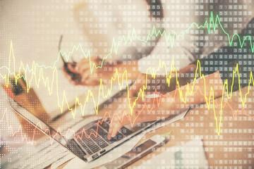 Multi exposure of woman hands typing on computer and financial chart hologram drawing. Stock market analysis concept.