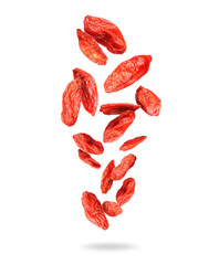 Delicious dried goji berries in the air isolated on a white background