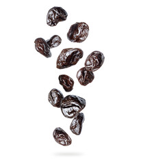 Delicious prunes in the air, isolated on a white background