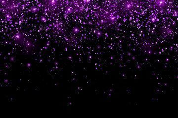 Purple holiday glitter confetti with glow lights on black background. Vector