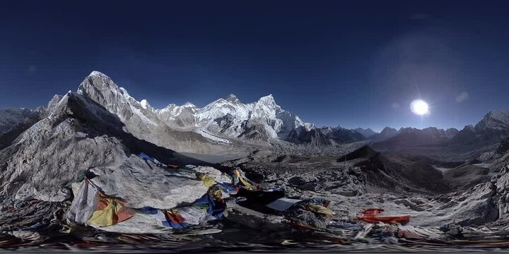 360 vr panoramic view of sunset over Kala Patthar. Mount Everest and Lhotse with beautiful sky and Khumbu glacier. Khumbu valley, Sagarmatha national park, Nepal of the Himalayas. End point of EBC