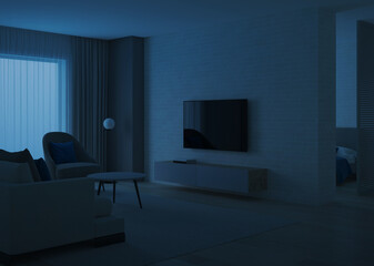 Modern house interior. Evening lighting. Night. 3D rendering.