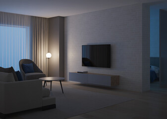 Modern house interior. Evening lighting. Night. 3D rendering.