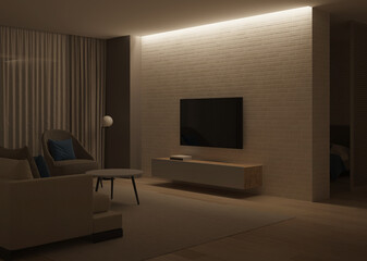 Modern house interior. Evening lighting. Night. 3D rendering.