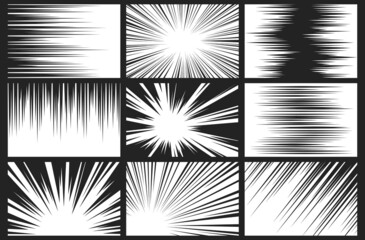 Comic book, manga or anime speed lines, zoom and motion effects. Cartoon superhero action background. Comics radial light flash, burst and fast movement vector set - obrazy, fototapety, plakaty