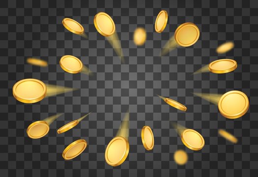 Realistic 3d flying golden coins background, casino jackpot prize concept. Financial wealth symbol. Yellow gold coin explosion. Gambling game winner money rain vector illustration