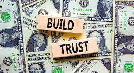 Fototapeta na wymiar Build trust symbol. Concept words Build trust on wooden blocks on a beautiful background from dollar bills. Business and build trust concept, copy space.