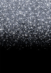 Silver scattered sparkling glitter on black background. Vector