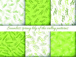 Spring Pattern Set. Seamless Lili of the Valley Bud. Blossom Convallaria Majalis Texture. Flower Spring Pattern. Vintage Petal Decoration. Floral Wallpaper. Fresh Spring Pattern. 