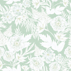 Fototapeta na wymiar Timeless Garden seamless repeat pattern collection features calm, subtle and tranquil colour and scene of the oriental garden would make the designs perfect for your living space.