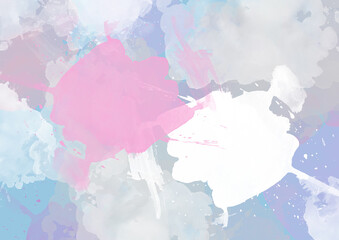 Fototapeta na wymiar Watercolor background for text. Blue abstract backdrop with pink splashes and white spots. Background in grunge style with spray effect.