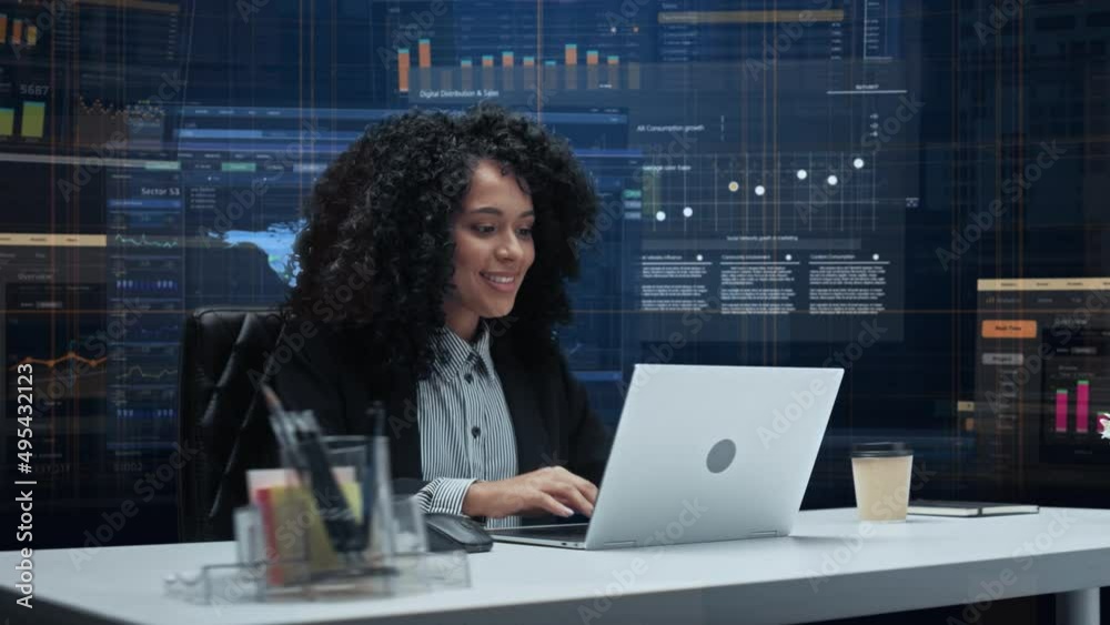 Aufkleber office manager with animated virtual background: businesswoman sitting at a desk working on laptop c