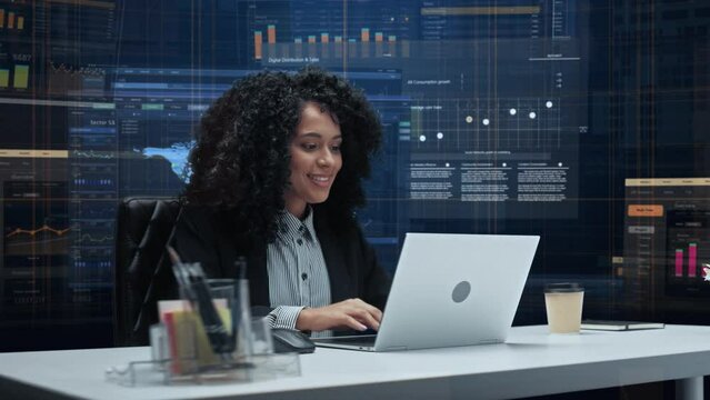 Office Manager with Animated Virtual Background: Businesswoman Sitting at a Desk Working on Laptop Computer. Black Female Working with Big Data Finance Analysis. 360 Degree Shot. Camera Moving Around.
