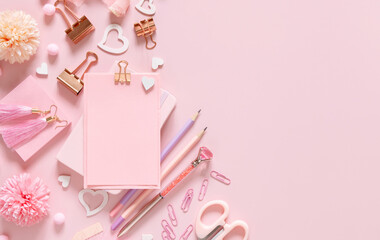 Paper with a clip, Pink school girly accessories and hearts on pastel pink Top view, mockup