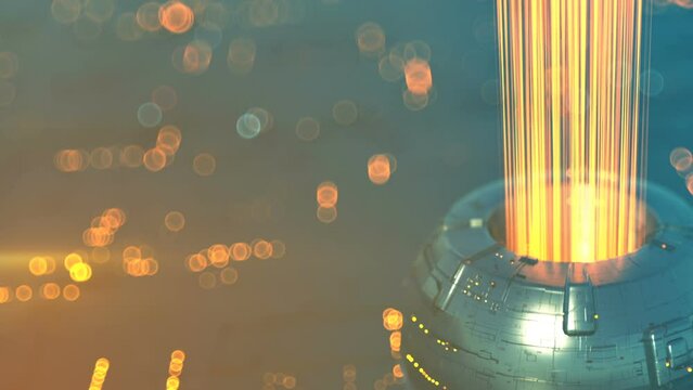 Sci-fi device with energy stream. Modern space technologies concept. Seamless loop 3D render animation with DOF