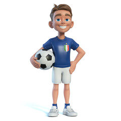 Little boy football player wearing a Italy national team kit, shirt and shorts. Cartoon character as Italy soccer team mascot 3d rendering