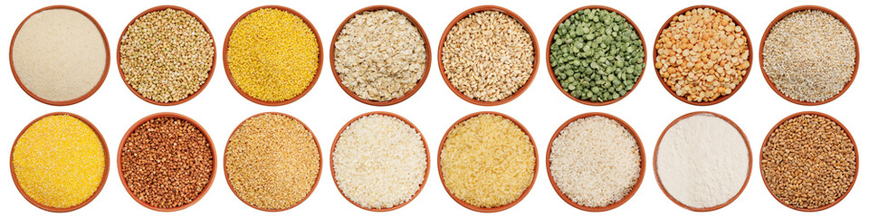 Set of different groats  in one panorama. High quality photo. Barley, pea, buckwheat, rice, flour, oatmeal, corn/wheat groat, pearl barley, millet polished, semolina.