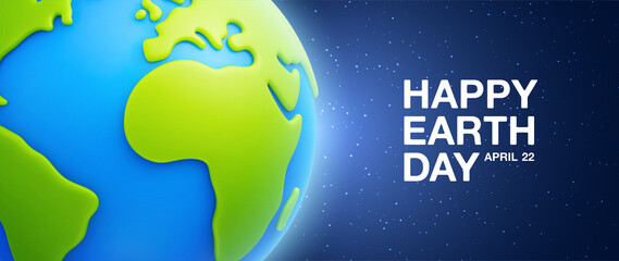 Happy Earth Day background. Cartoon planet Earth on space stars background. International Mother Earth Day banner or poster. Vector background