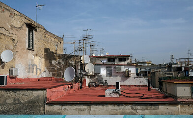 Satellite dishes on rooftops in Naples, Italy