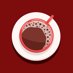 Espresso coffee with foam in a red cup and saucer. Top view, vector cartoon illustration in a flat style.