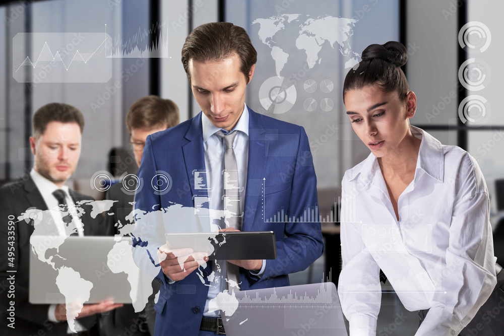 Aufkleber attractive european businesspeople in blurry modern office interior using laptops and tablets with a