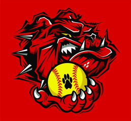 mean bulldog mascot holding softball for school, college or league