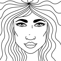 Women with long hair. Girl portrait on white background. Vector illustration. Adult coloring.