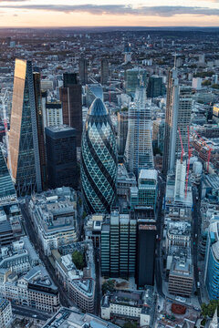 Aerial London cityscape view over financial district England