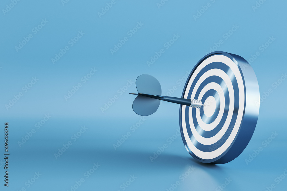 Poster Creative bullseye target with arrow on blue background with mock up place. Targeting and marketing concept. 3D Rendering.