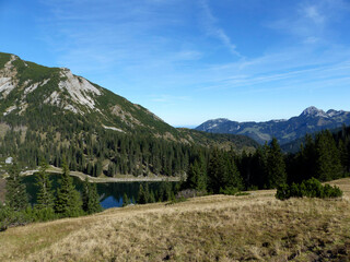 Mountain hiking tour to Auerspitze mountain, Mangfall mountain range, Bavaria, Germany