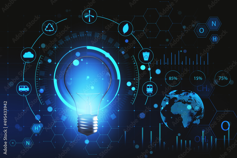 Poster creative glowing eco hud screen hologram. ecosystem and digital technology concept. 3d rendering.