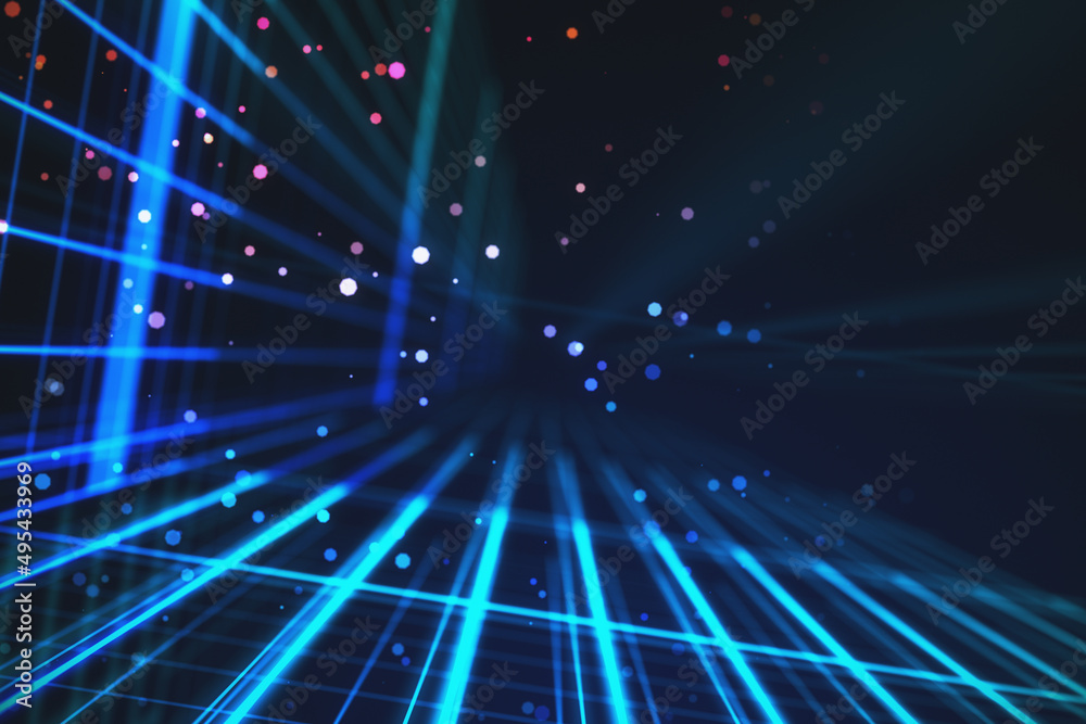 Aufkleber Creative digital blurry bokeh line backdrop with mock up place. Future and technology concept. 3D Rendering.
